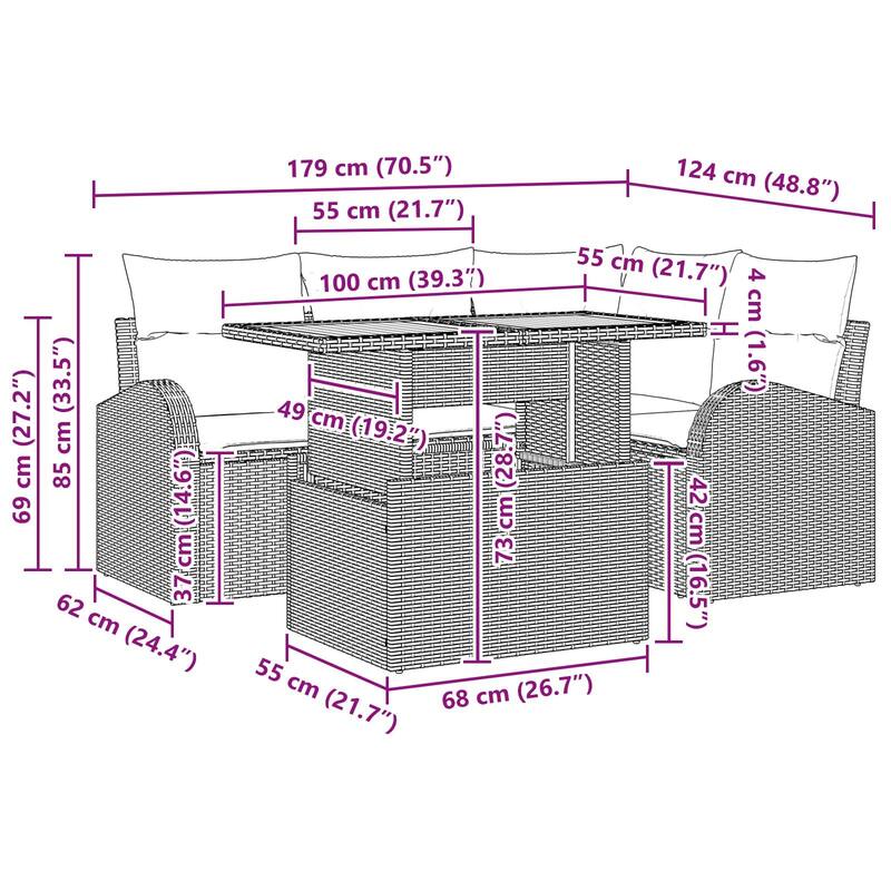vidaXL 5 Piece Garden Sofa Set with Cushions - 70.5×48.8×27.2