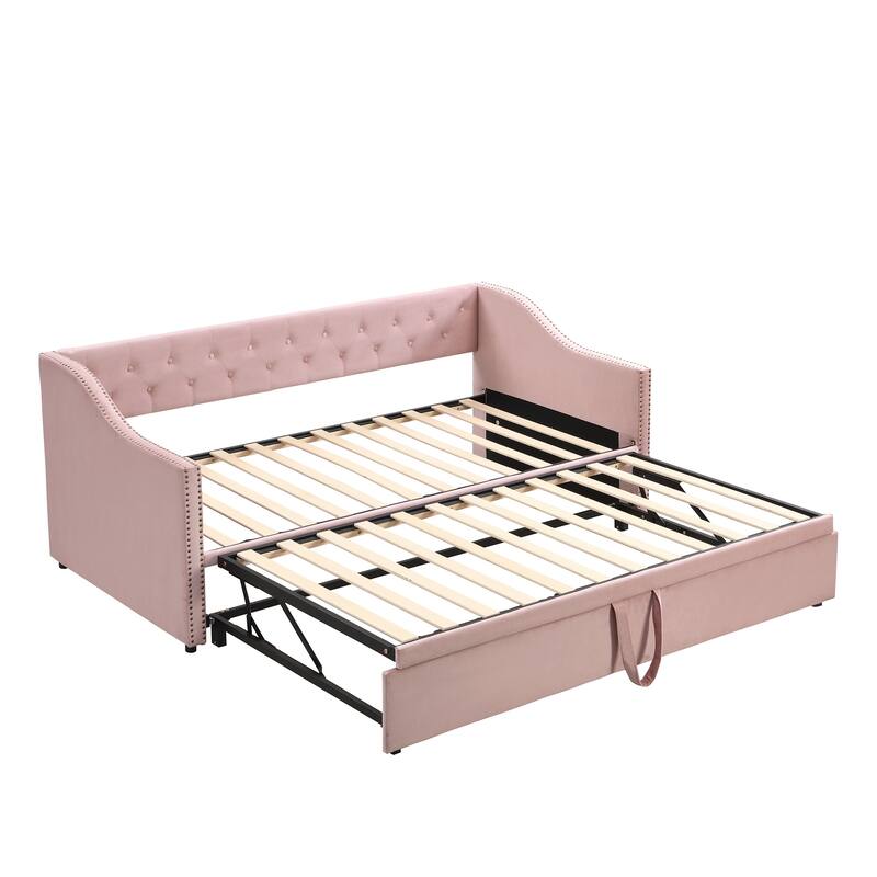 Twin to King Daybed with Pop Up Trundle, Button Tufted Backrest and Wooden Slat Support