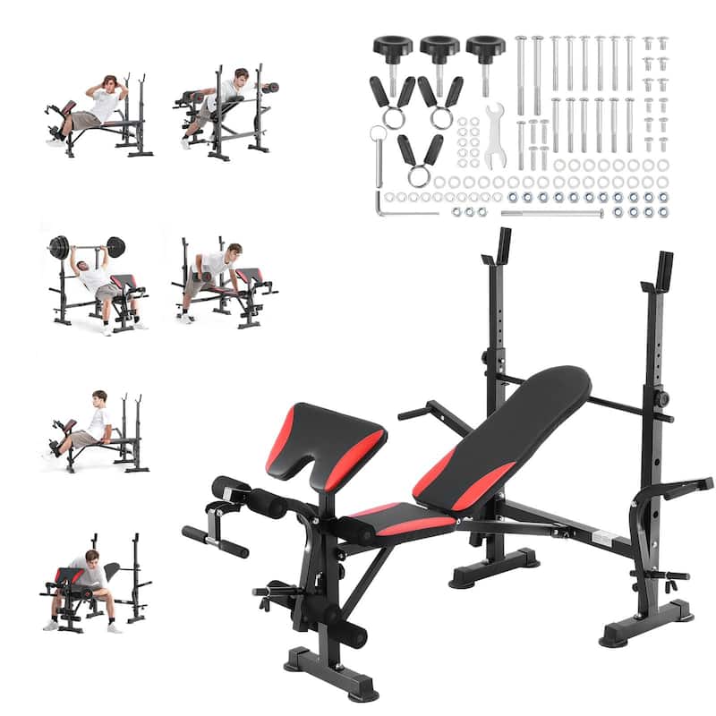 Black Red Steel Workout Bench with Rack, Foldable and Adjustable - 68.1” L x 53.9” W x 51.2” H