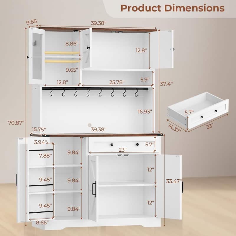 Farmhouse Kitchen Pantry Cabinet Drawer & Doors Adjustable Shelf