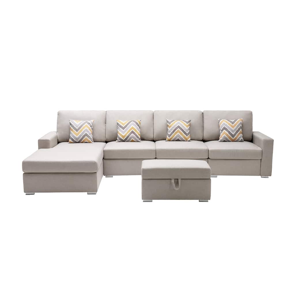 Linen Fabric 5 Piece Reversible Sofa Chaise with Interchangeable Legs, Storage Ottoman, and 4 Pillows in Beige