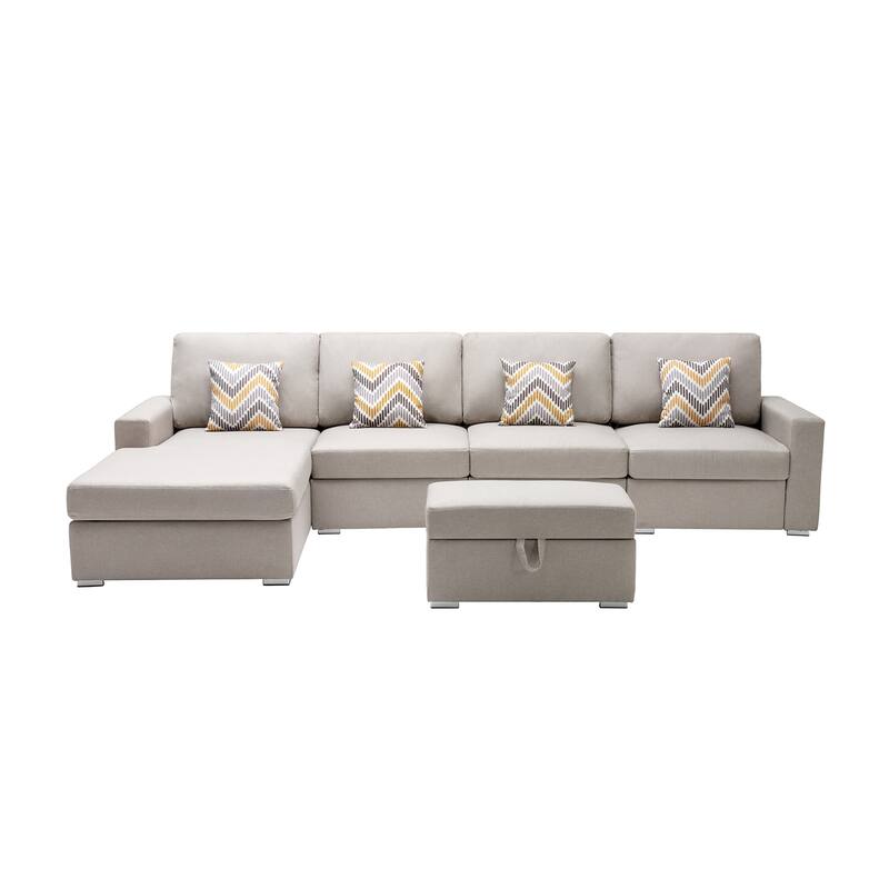 Linen Fabric 5 Piece Reversible Sofa Chaise with Interchangeable Legs, Storage Ottoman, and 4 Pillows in Beige - 5 Piece - Beige