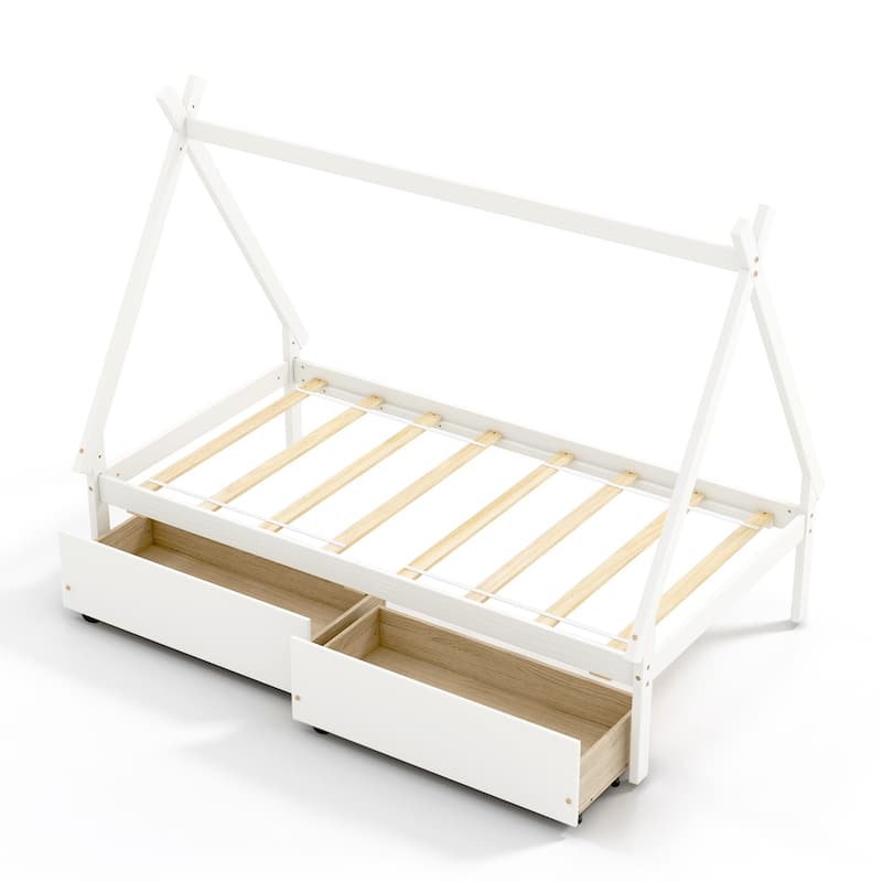 Kids Twin Size Wooden House-Shaped Platform Bed with Storage Drawers for Boys and Girls