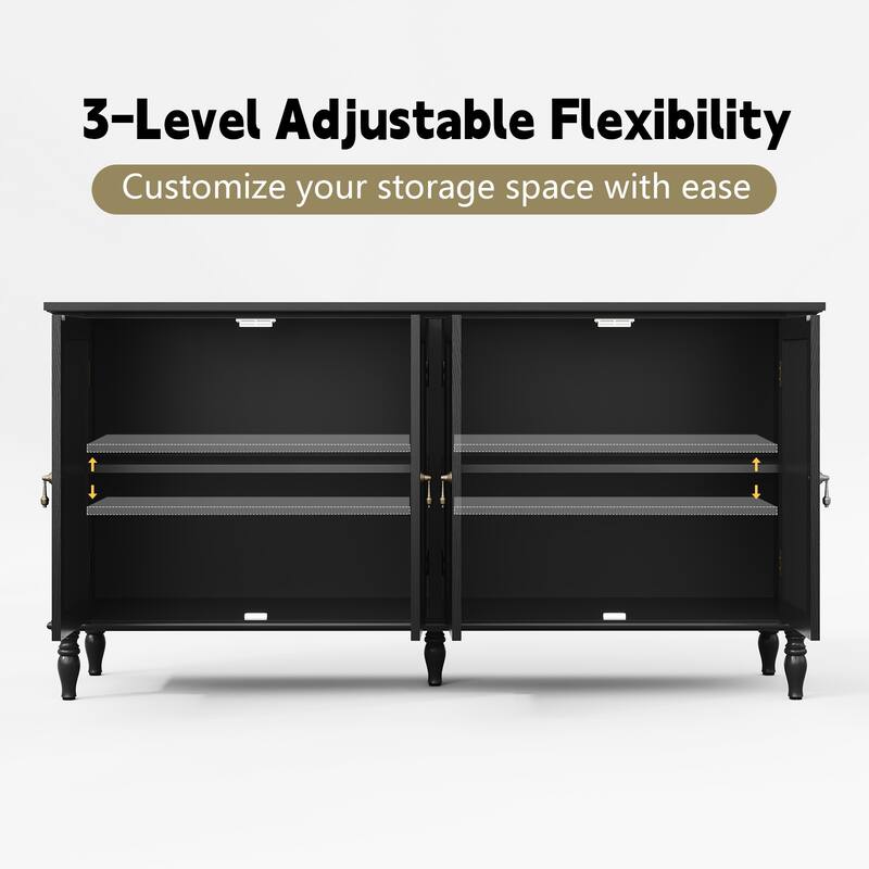 58" Wide Retro Sideboard Cabinet With Adjustable Shelves And 4 Doors