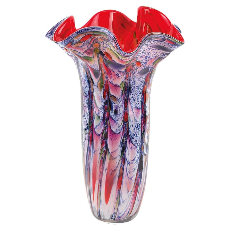 HomeRoots 17" Blue Red And White Abstract Wavy Murano Glass Table Vase