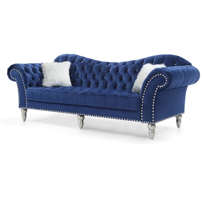Tufted Velvet 2-Seater Sofa with Throw Pillows - 98" - Blue