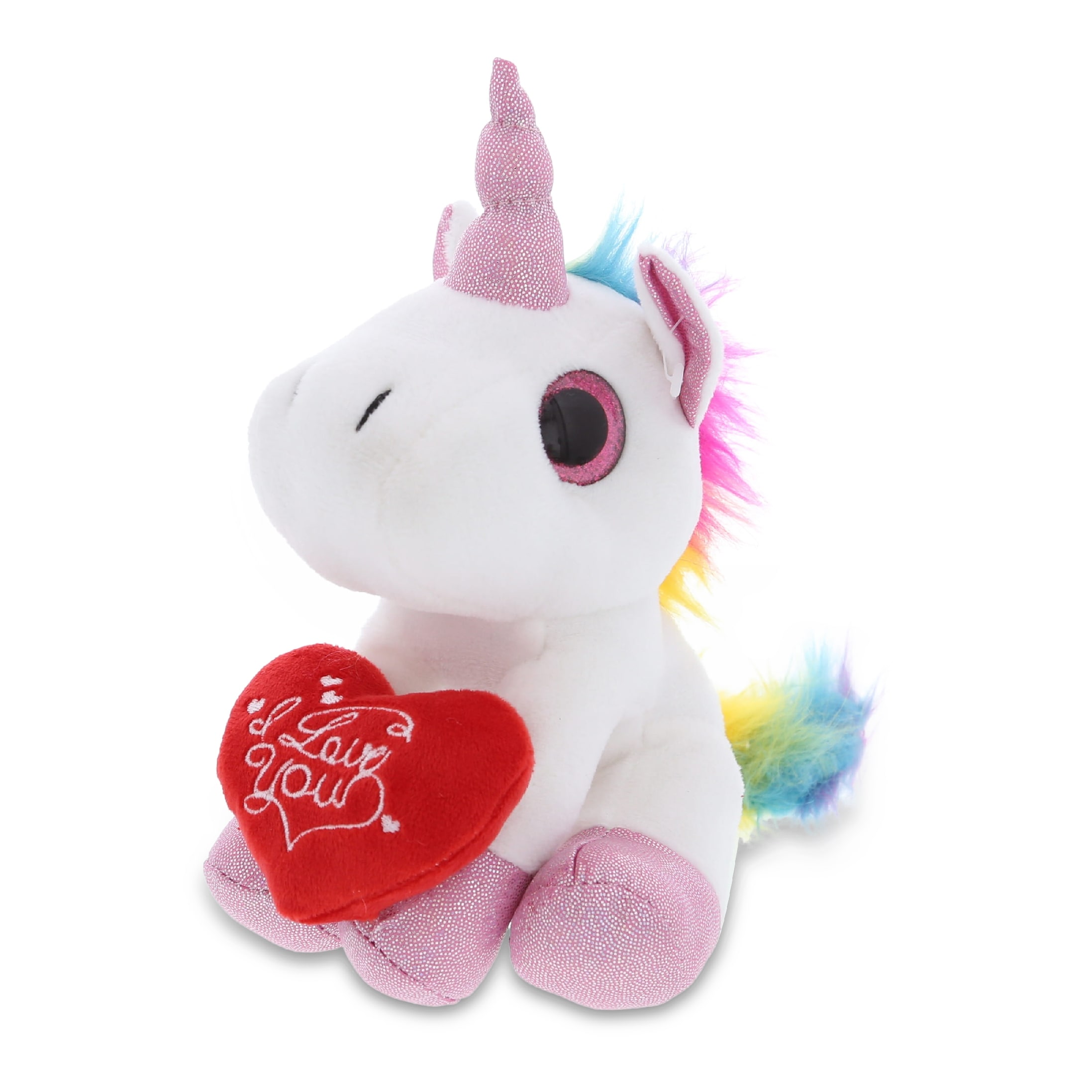 DolliBu I LOVE YOU Plush Sparkling Big Eye White Unicorn Animal with Heart - 7 Inches - Polyester
