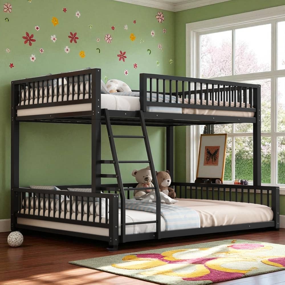 Metal Twin XL/Full XL over Queen Bunk Bed Frame with Ladder, Safety Rails, Space-Saving Floor Design