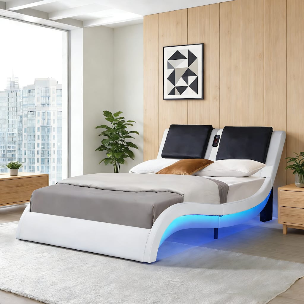 Queen Faux Leather Upholstered Platform Bed Frame with LED lighting, Bluetooth connection to play music control