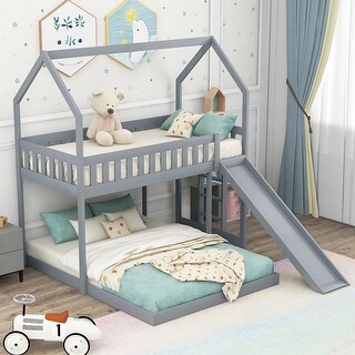 Twin over Full House Bunk Bed with Slide and Built-in Ladder - Bed Bath ...