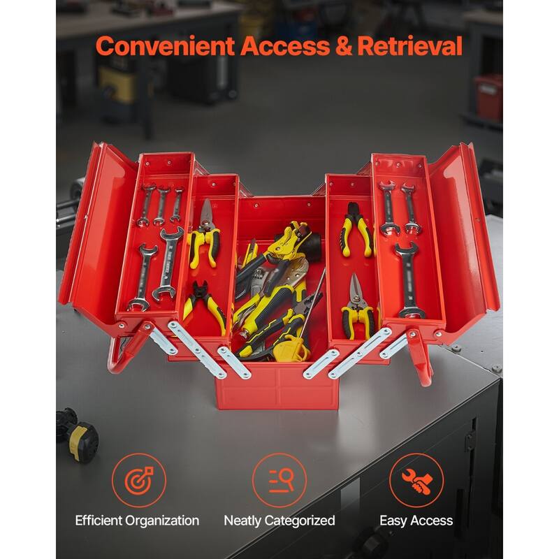 18 Inch Red Metal 3-Tier 4 Trays Folding Cantilever Toolbox with Double Handles and Smooth Flip-Top Design