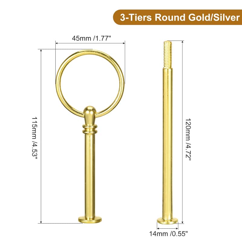 2 Sets Cake Tray Stand Handle Cupcake Dessert Plate Hardware Fitting Holder Rod Stand Handle, 3-Tiers Round Gold/Silver - Gold Silver