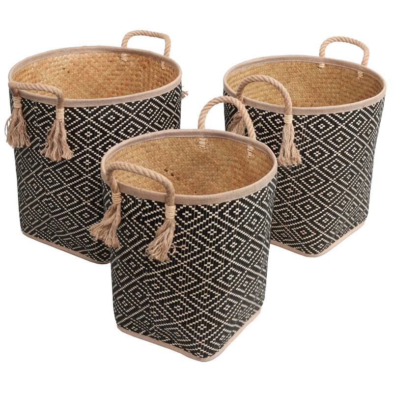 Celia Handwoven Palm Leaf Nesting Storage Baskets with Rope Handles (Set of 3) - Natural Black