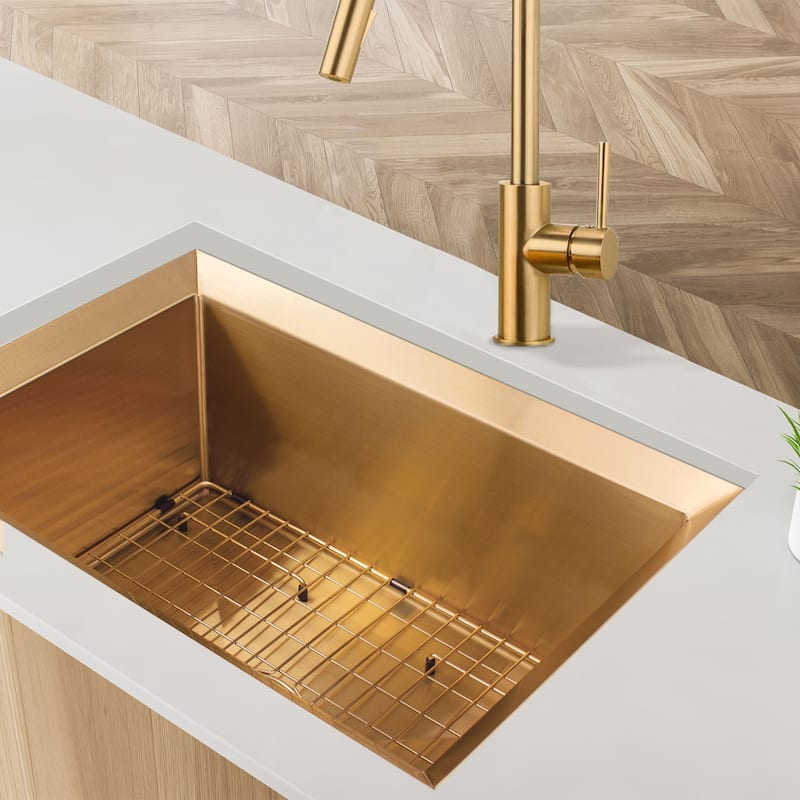 Transolid Studio 33-in x 19-in x 11-in Undermount Stainless Kitchen Sink, SinkPocket, Grid, Strainer - 33-in x 19-in x 11-in - PVD Satin Brass