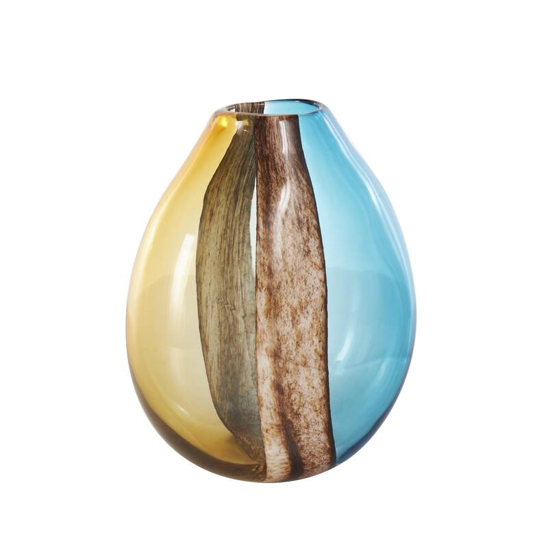 Glass Rounded Ombre Decorative Vase with Brown Textured Stripe Details - Multi Colored - Roche River Decor