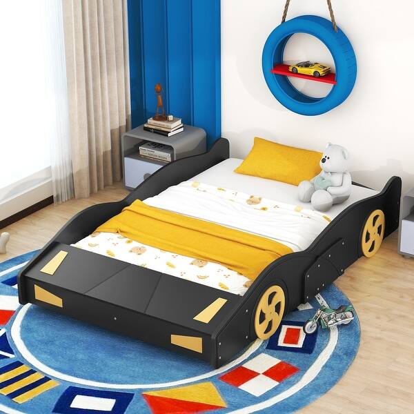 slide 2 of 18, Full Size Race Car-Shaped Platform Bed with Wheels and Storage, Black+Yellow Black+Yellow