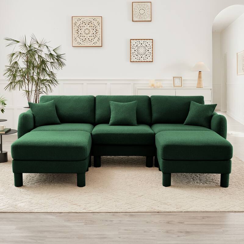 109.4" 3-Seater Modern Upholstered Sofa Couch, Deep-Seat Sectional Sofa with Shell-Shaped Armrests, Leisure Sofa for Living Room - Green- 3-Seater-2 Ottoman