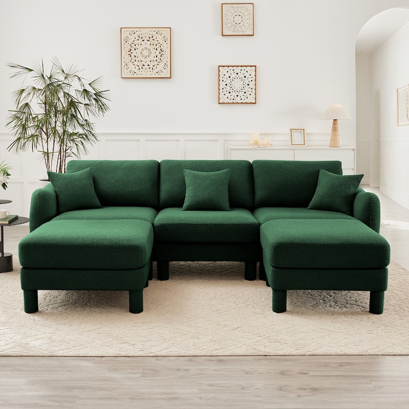 GDFStudio - Boucle U-Shaped 3-Seater 109.4" Sectional Sofa with 2 Movable Ottomans - Green