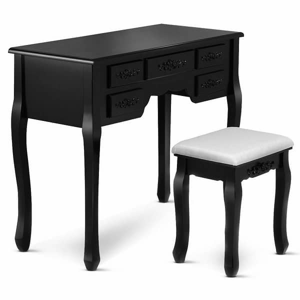Shop Costway Black Tri Folding Oval Wood Vanity Makeup Table Set 7