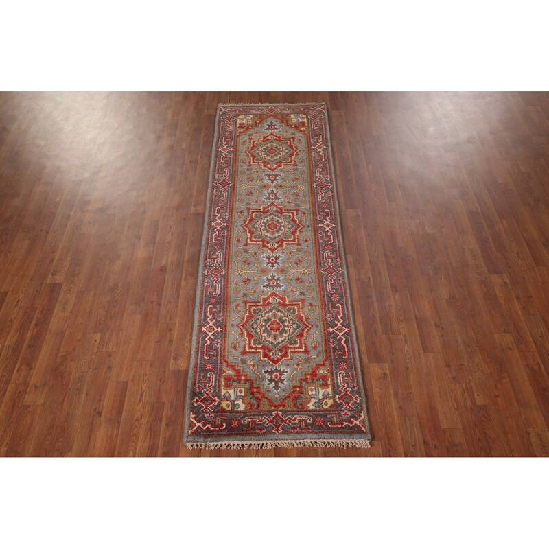 Gray Geometric Kazak Oriental Runner Rug Handmade Wool Carpet - 2'6"x 7'11"