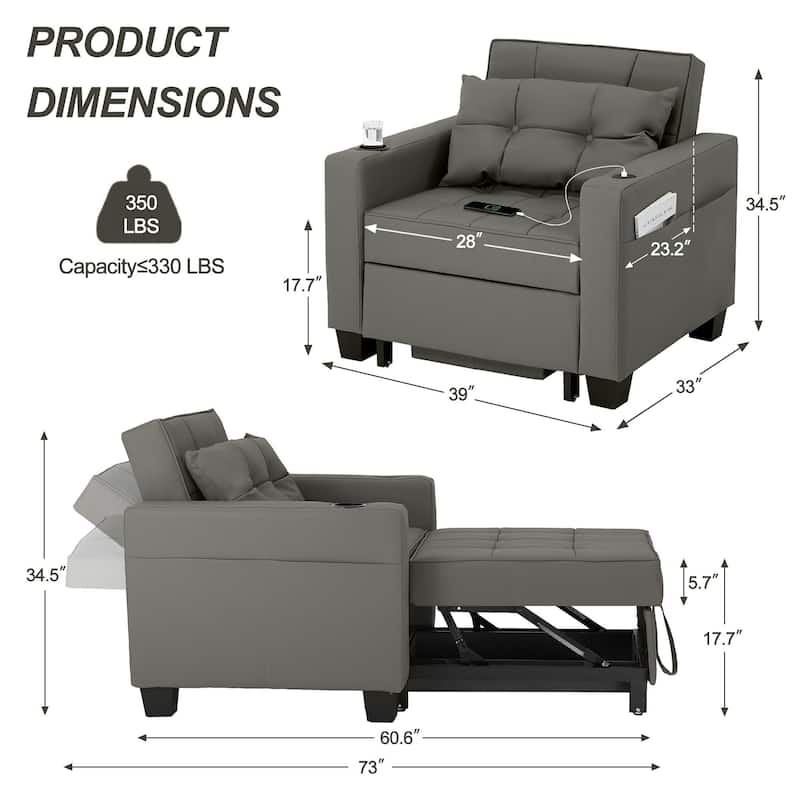 Pull Out Sofa Couch Bed Convertible Sleeper Sofa Bed with Storage Chaise, Sofa Couch