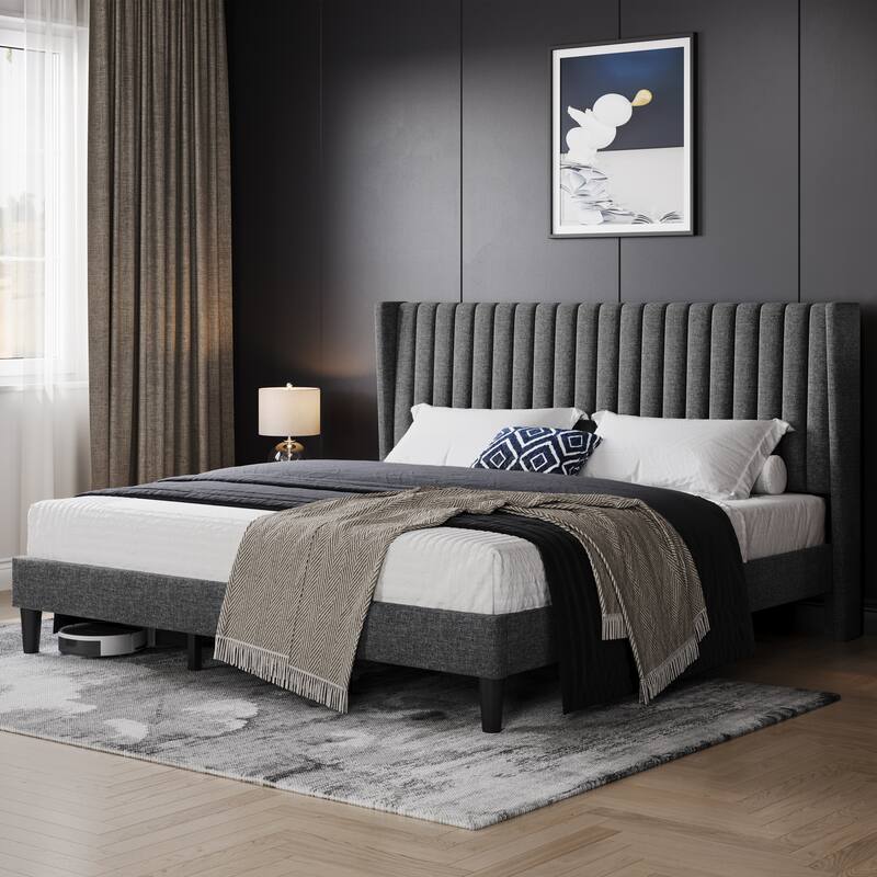 Yaheetech Upholstered Bed Frame with Wing Side Fabric Upholstered Bed with Headboard - Dark Grey - King