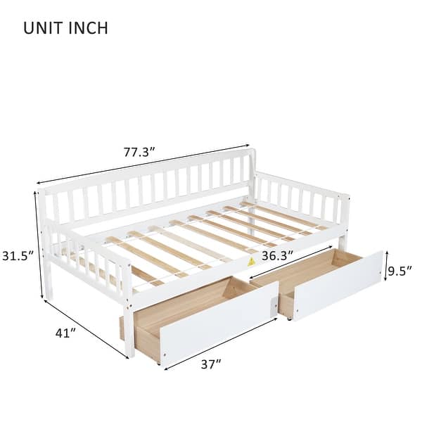 dimension image slide 0 of 3, Kids Daybed Wood Sofa Bed with Pull-out Storage Drawers Twin Size Platform Storage Bed with Headboard Footboard Guardrails