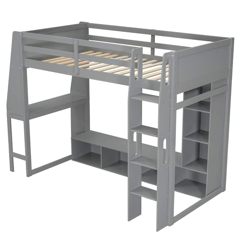 Multi-Functional Gaming Loft Bed with Built-in Desk & Storage Cabinets, Wood Bed Frame with LED and a Hanging Clothes Rack