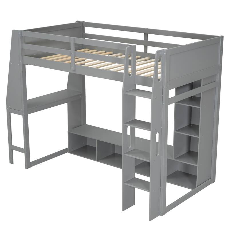 Teens Wood Gaming Loft Bed with Multi-Storage Shelves & Under-Bed Desk, Bedroom Bed Frame with LED & a Hanging Clothes Rack