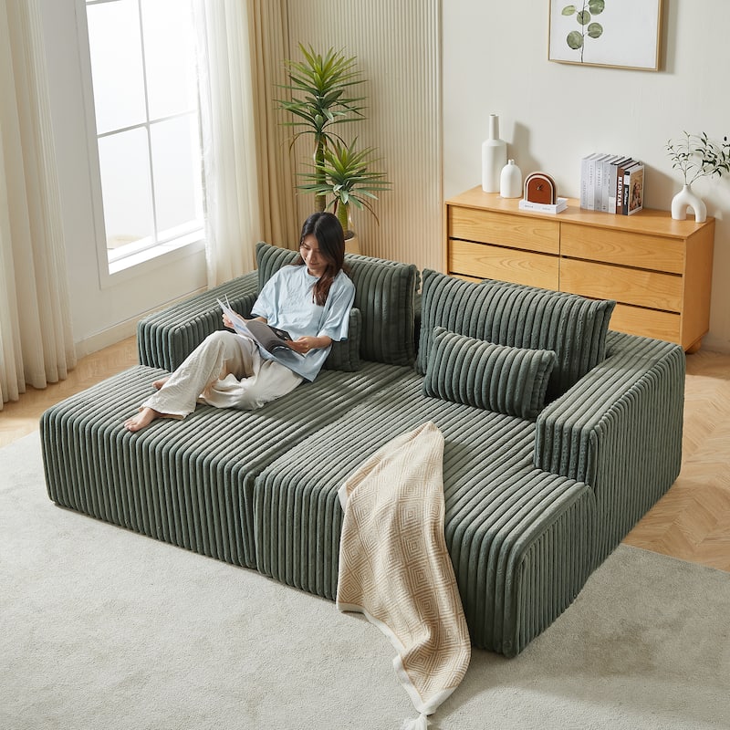 87'' Lounge Chaise Sleeper Sofa - Soft Corduroy Couch with Ottoman Bench and Pillow Support