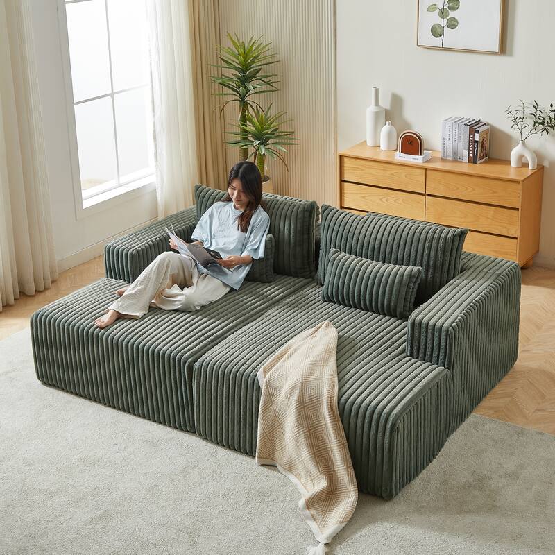 Oversized Modular Sectional Lounge Chaise, Corduroy Upholstered Boneless Sleeper Sofa, Reclining Loveseat Chair with 4 Pillows