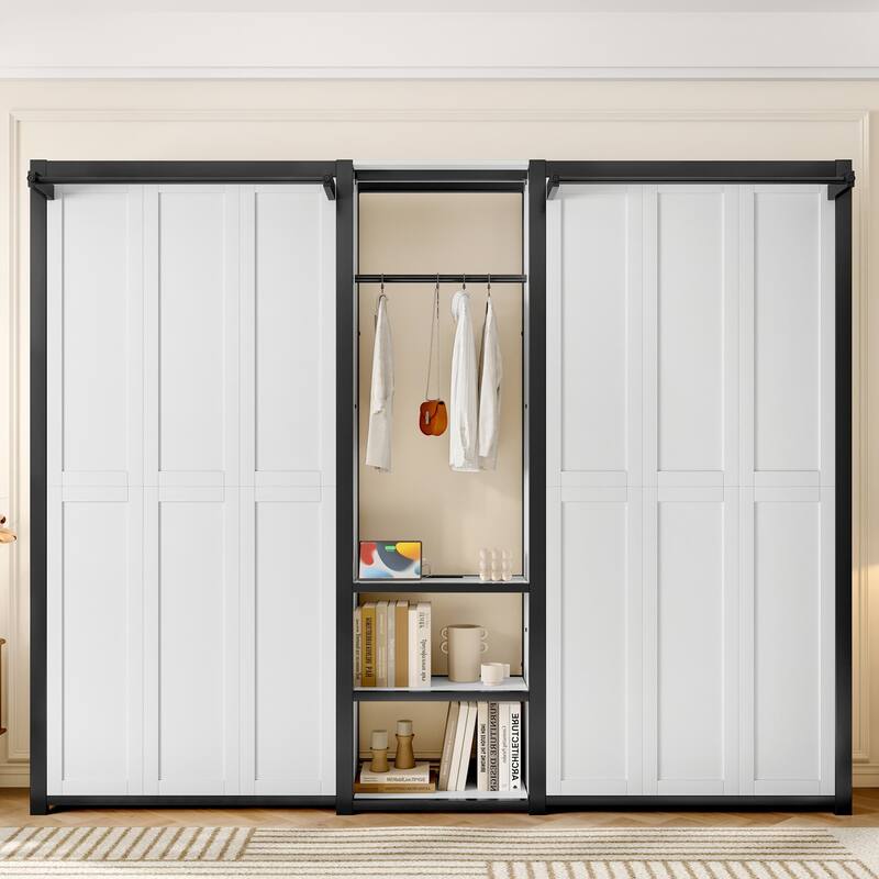 Twin and Twin Size Metal Foldable Murphy Bed Frame with Wardrobe - White