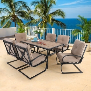Phi Villa 7-piece Outdoor Patio Dining Table, 6 Padded C Spring Chairs and 1 Wood-like Table