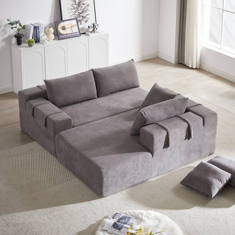 Chenille Upholstered Sectional Daybed Modular Sleeper Couch L Shape Sofa with Chaise Lounge & 6 Pillows for Living Room Loveseat