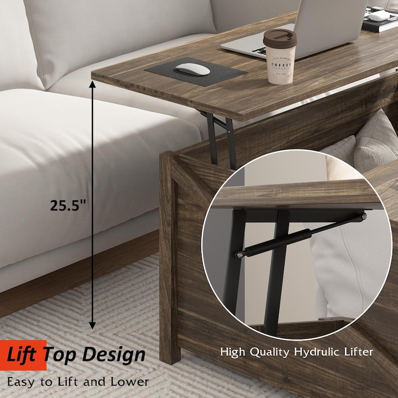 BOSSIN 31.5" Square Farmhouse Lift-Top Coffee Table - Wooden Living Room Center Table with Hidden Storage