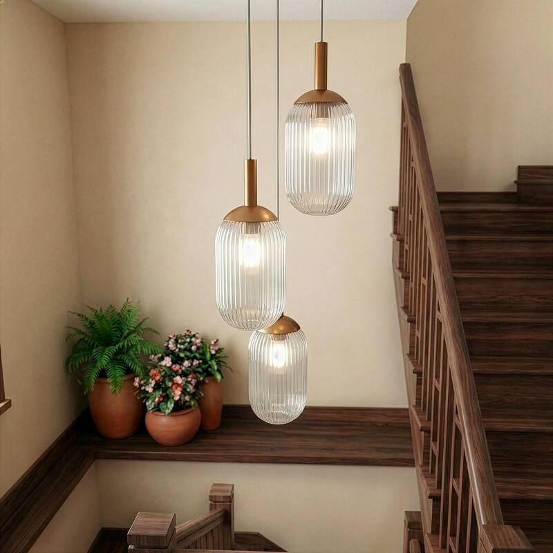 Flora Gold Triple Pendant Light with Ribbed Glass