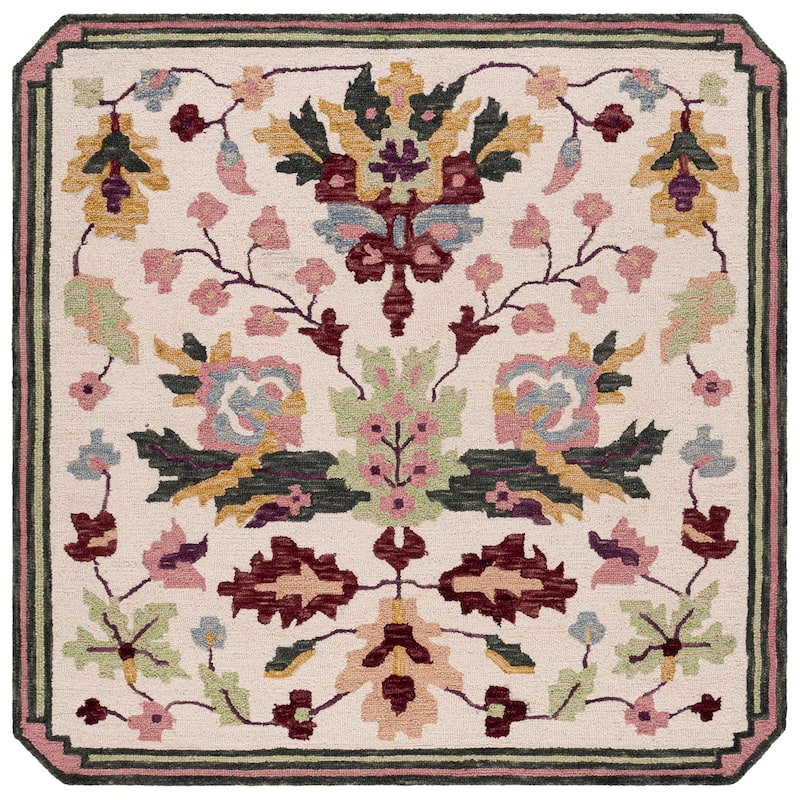 SAFAVIEH Handmade Jardin Mesure Floral Wool Rug - 6' Square - Ivory/Pink