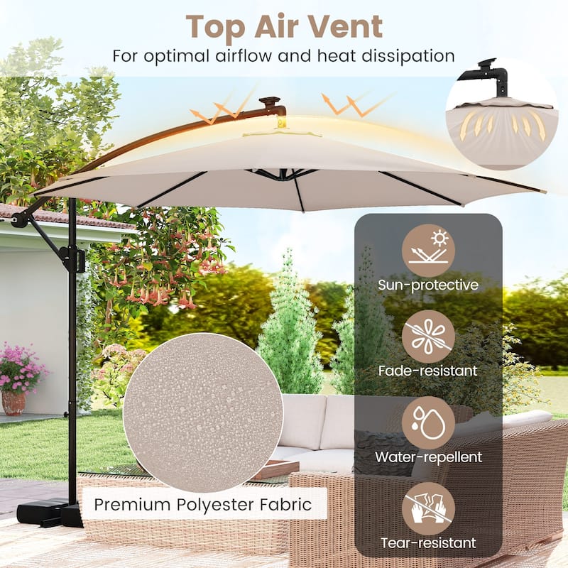 Costway 10 FT Solar Offset Hanging Umbrella with Base Patio Cantilever