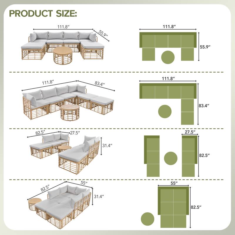 7-Pieces Outdoor Wicker Modular Sectional Sofa Set with Coffee Table, Free Combination