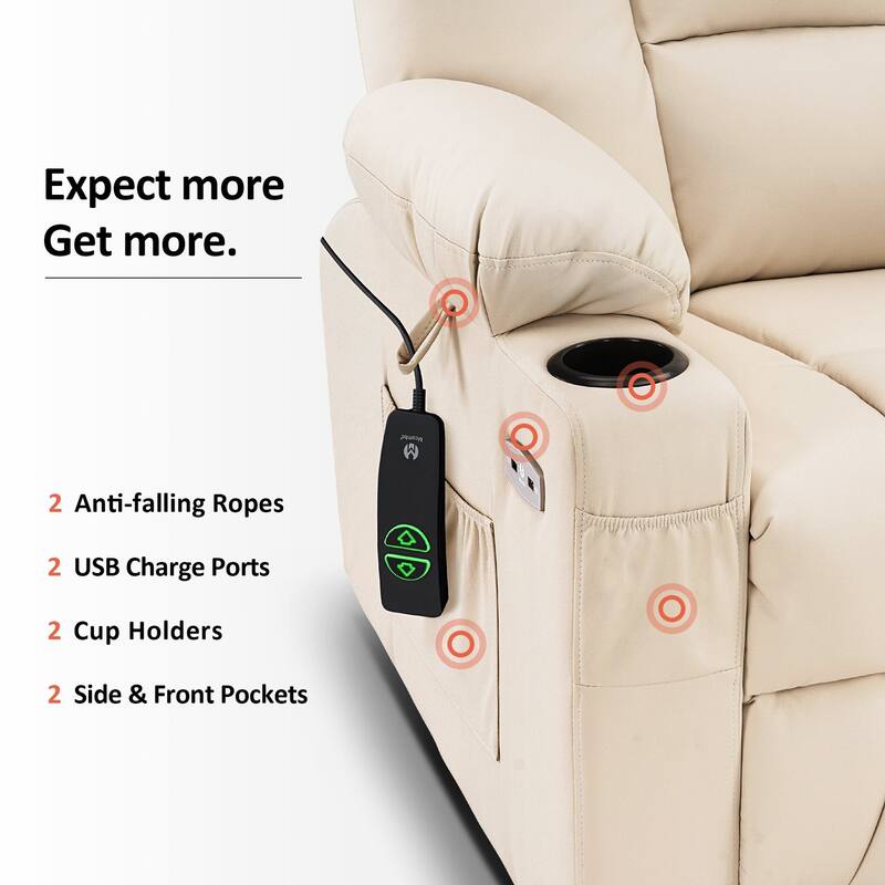 MCombo Power Lift Recliner Chair with Massage and Heat for Elderly, Extended Footrest, USB Ports, Faux Leather(Medium)