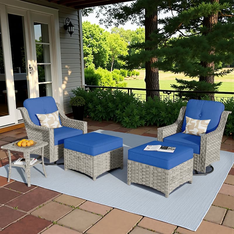 HOOOWOOO 5-piece Rattan Outdoor Furniture Patio Swivel Chair Chat Set with Ottoman