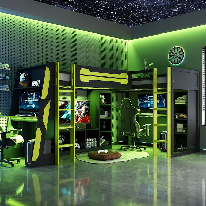 L-Shaped Twin Gaming Bed with RGB Lights, Dual Bed Frame with USB, TV Stand & Reversible Layout - Green