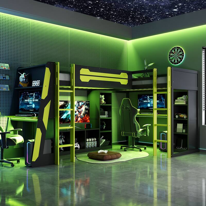 L-shaped Bunk Bed Twin Size Gaming Loft Bed with Desks, TV Stand, Shelves, Light Strip, Charging Station and Reversible Layout - Green - Twin