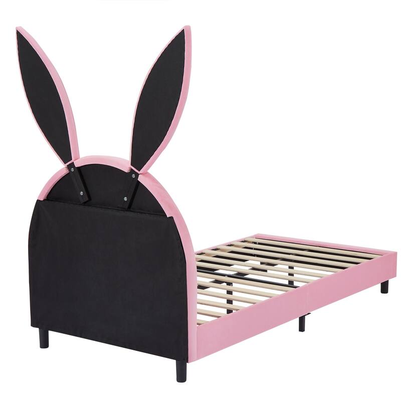VECELO Wooden Cute Rabbit Twin Bed Frame with Upholstered Headboard, Kids Bed Frame Set of 2