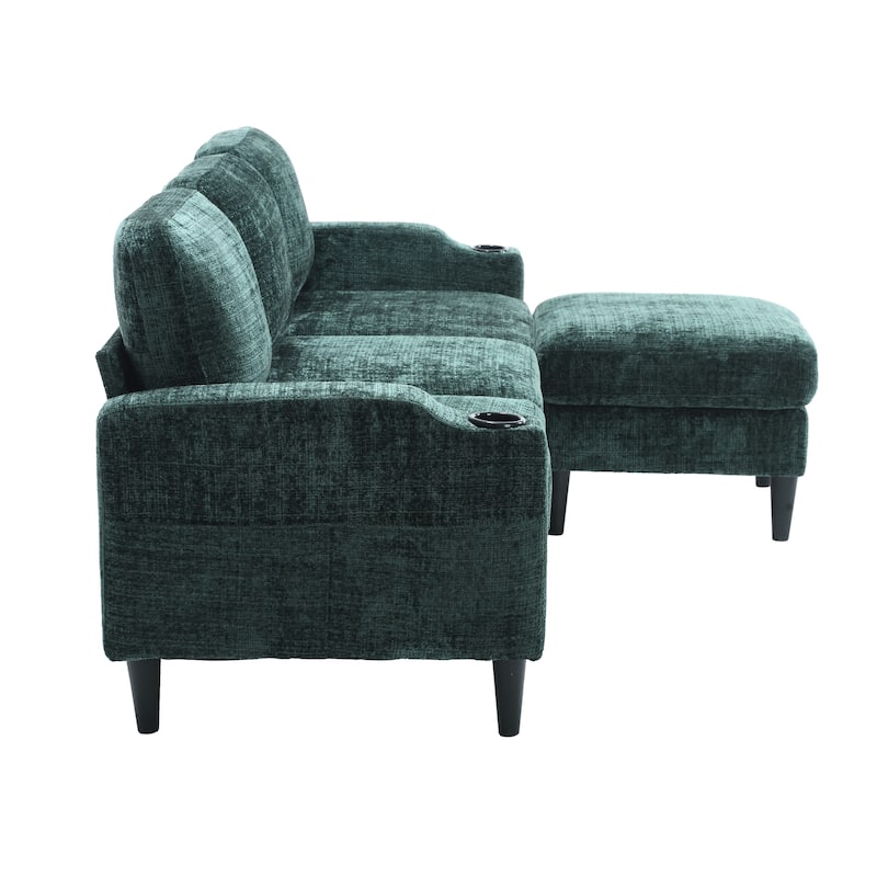 Chenille Deep Seat Couch with Chaise, L-shaped Sectional Sofa with Storage Ottoman, Cup Holders and Side Pockets for Living Room