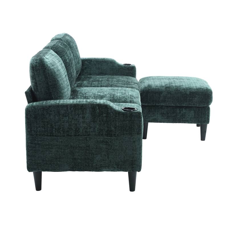 Modular Sectional Sofa with Storage Ottoman, Comfy Chenille Fabric Sofa, 3-Seater Sofa with Side Pockets & 2 Cup Holders