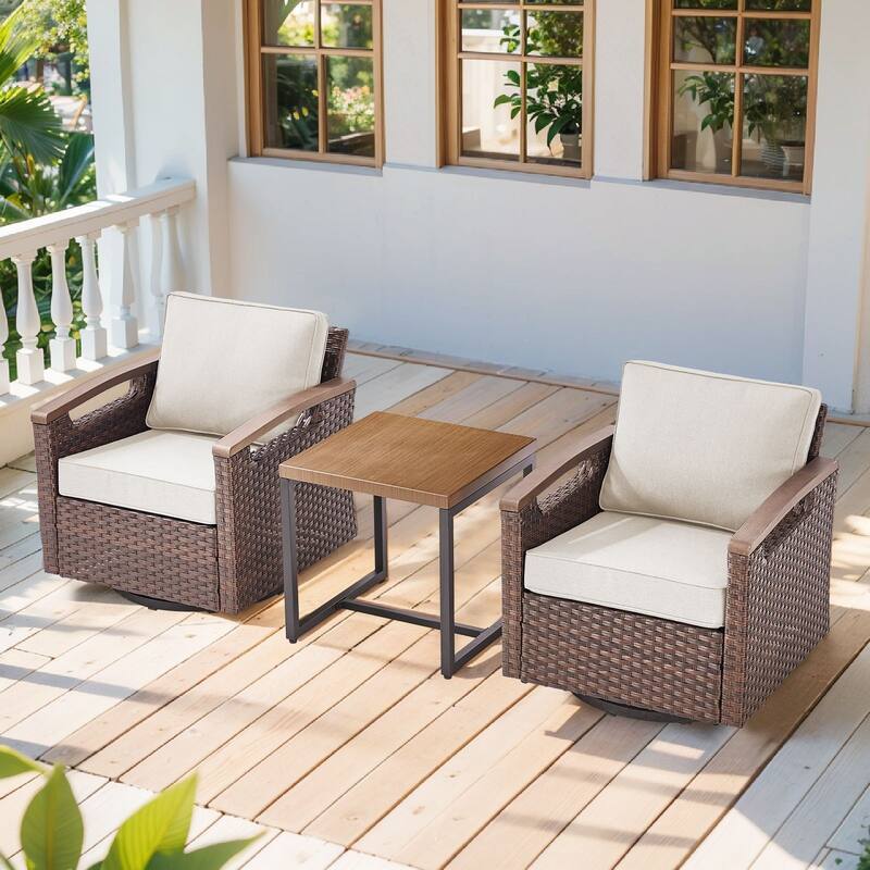 Pocassy Outdoor Brown Wicker Funitre with Cushion Set - Beige Cushion - 2 Swivel Chairs with 2 Ottoman Set
