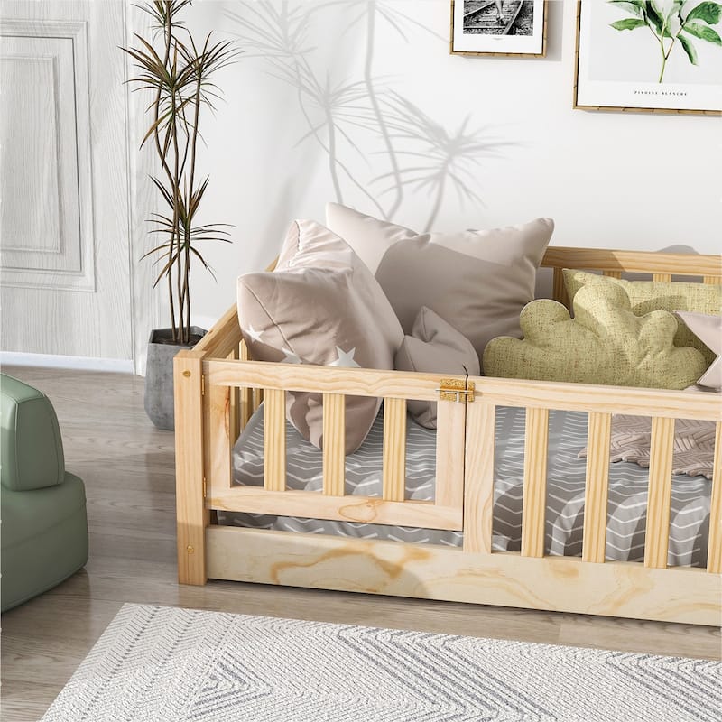 Pine Wood Floor Platform Bed with Fence and Door