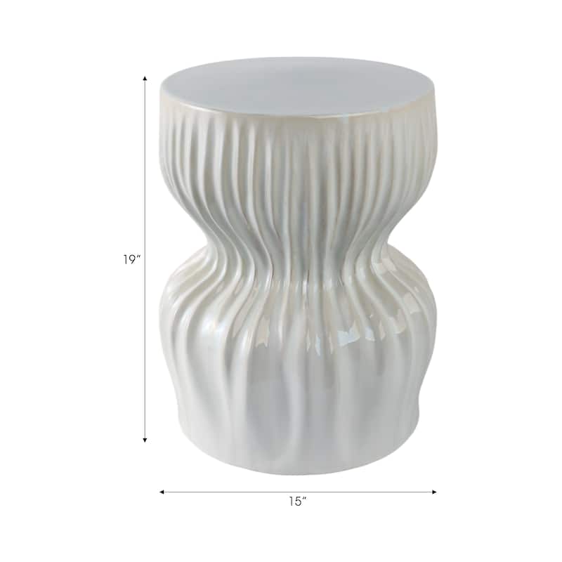 Ceramic Garden Stool Textured Wave Design for Home Decor - 19" White