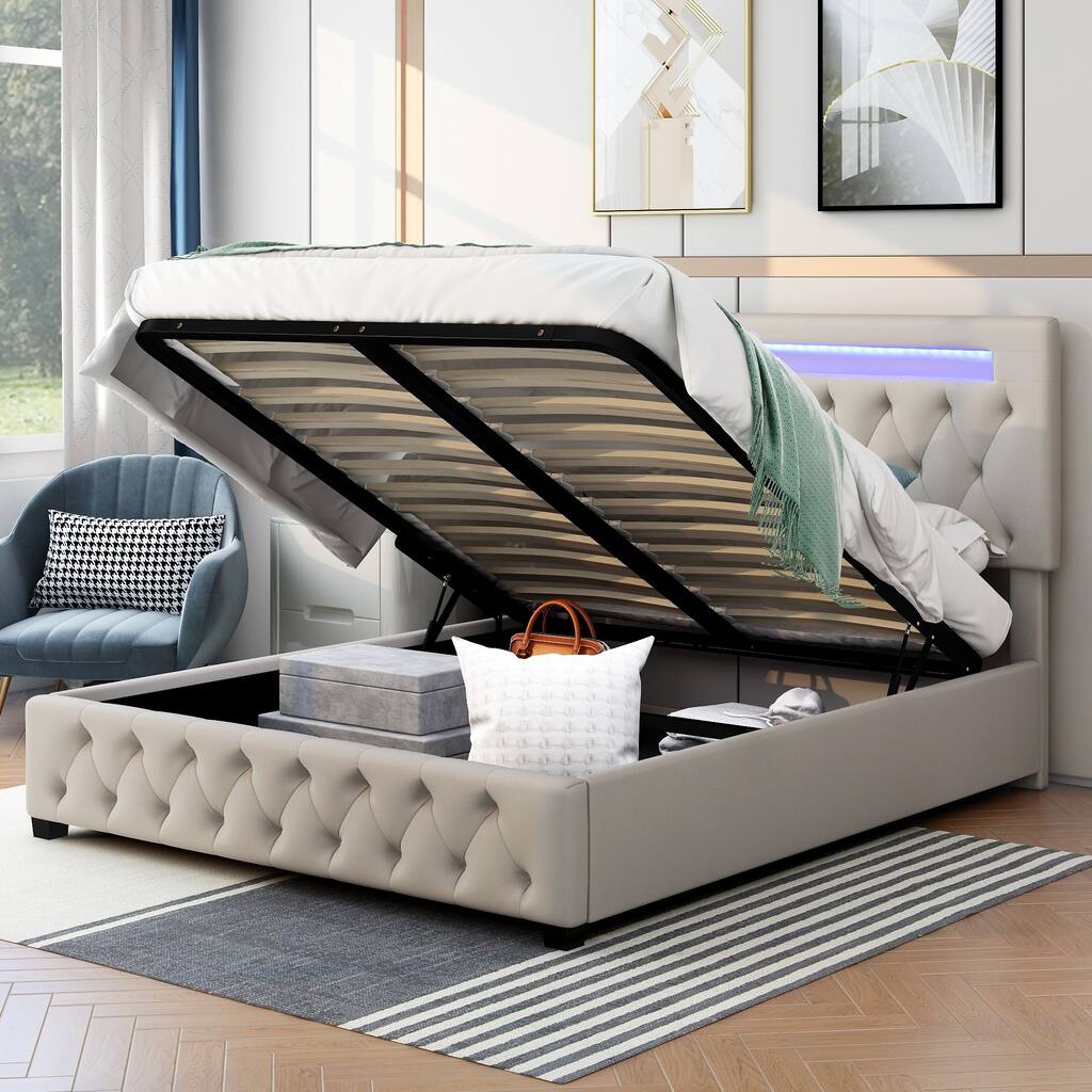Queen Size Storage Platform Bed with Bluetooth Audio LED Light and USB